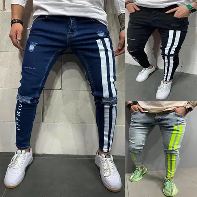 2021 American Men's Ripped Stretch Leg Jeans with Stripe Design