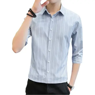 Men Striped Short Sleeve Shirt Black Red Crop Coat