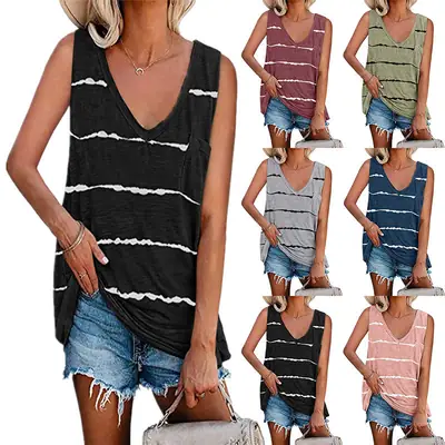 Women Green Striped V-Neck T-Shirt Vest Shorts Set