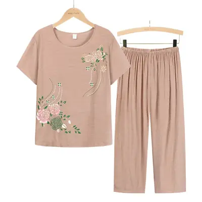 Middle-aged Women Floral T-Shirt & Pants Set Navy Blue