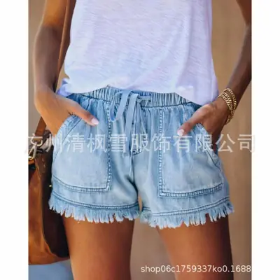 Women Denim Shorts High Waist Elastic Waist Lazy Style