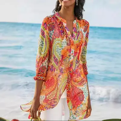 Women's 2020 Summer Blue Lace Long Shirt Bohemian Style