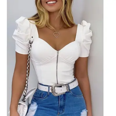 Red U-Neck Zipper Top with Fluffy Sleeves for Women