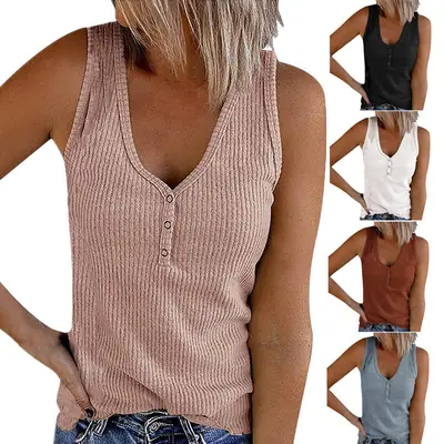 2025 Button V Neck Sleeveless Vest for Women