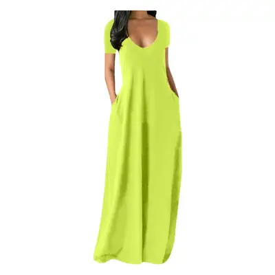 2021 Hot Plus Size Women's White Long Dress with Deep V Neck and Pocket