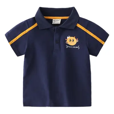 Summer Boys Navy Polo Shirt with Cartoon Embroidery
