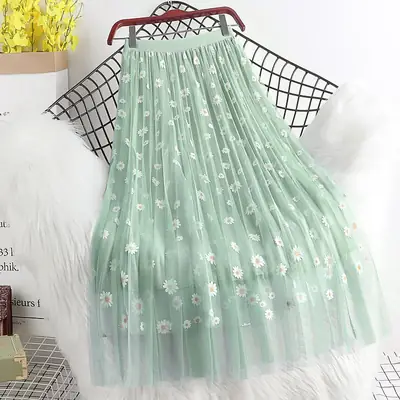 Purple Daisy Floral Mesh Skirt Mid Length Korean Style