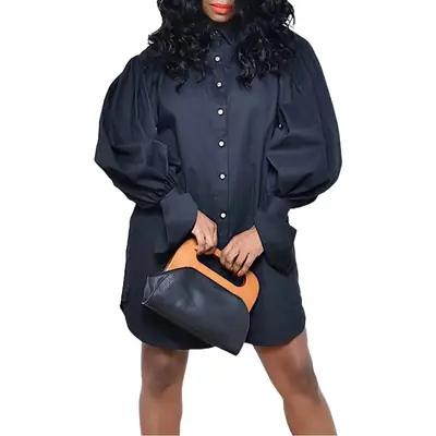Plus Size Yellow Bubble Sleeve Long Sleeve Shirt Dress