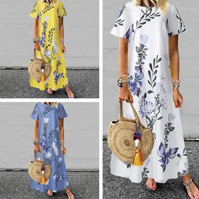 Women's Yellow Floral Long Dress Large Summer Round Neck Short Sleeve