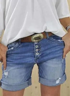 Women Denim Ripped Curling Shorts with Belt
