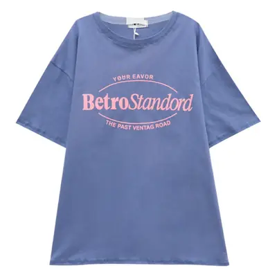 Korean Summer Women's Letter Printed Cotton Top Blue