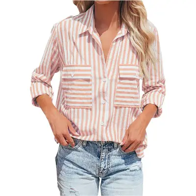 Women Striped Long Sleeve Shirt Pink White Cotton Summer Wear