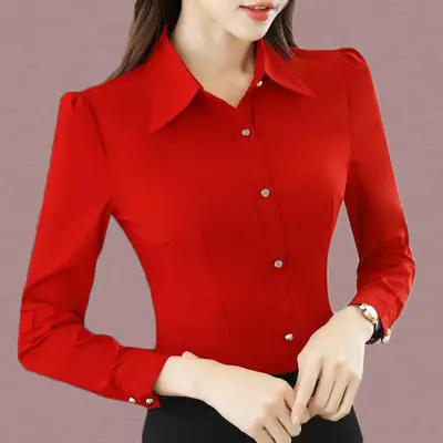 Red Long Sleeve Button-Down Women's Business Shirt