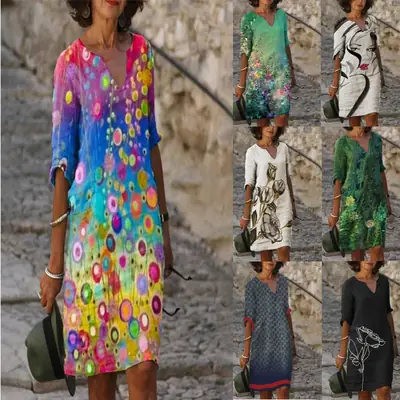 Women's Black Floral Short Sleeve Dress with V-Neck