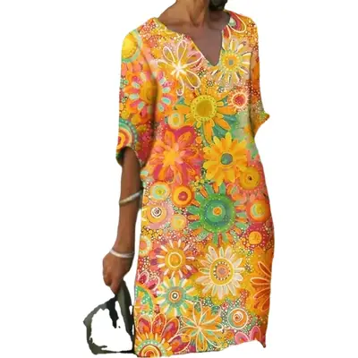 2025 Printed V Neck Loose Dress Bamboo Retro Five-Quarter Sleeve Large