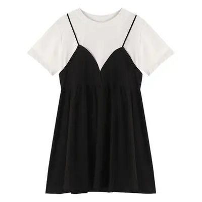 Women's Black White V-Neck Drape Dress Large Size