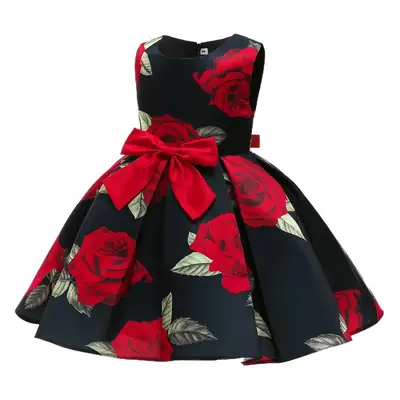 Girls Printed Red Rose Vest Dress Black