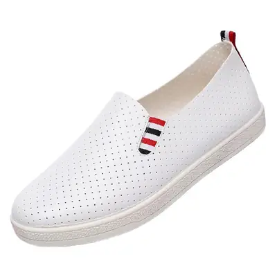 White Slip-On Leather Shoes for Women, Breathable Mesh Design