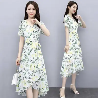 2022 Floral Skirt Dress Fat Waist Asymmetrical V Neck