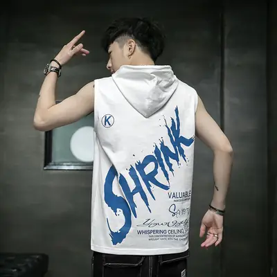 Men Sleeveless Hooded Vest Grey Cotton 2025