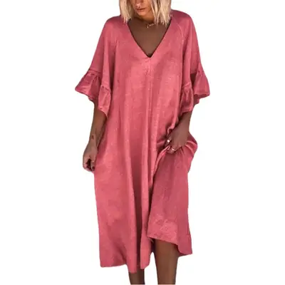 Light Blue V-Neck Loose Dress for Women