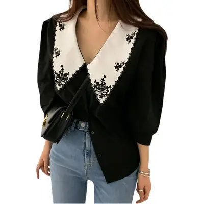 Korean Embroidered Lapel Shirt Women White Black