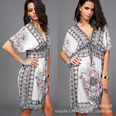 European V-neck Silk Dress Plus Size Beach Wear