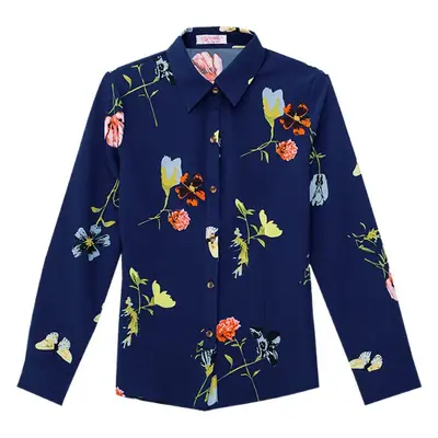 Spring New Dark Blue Floral Print Long Sleeve Women Shirt
