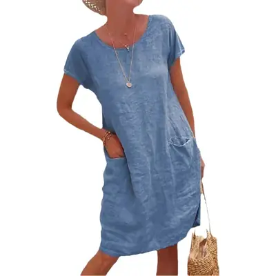 2026 Women's Loose Cotton Dress Black Short Sleeve Pocket