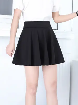 Black Pleated Women's Skirt Elastic High Waist
