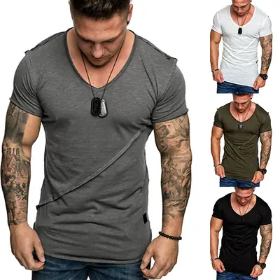 Men White V-Neck Short Sleeve T-Shirt Large