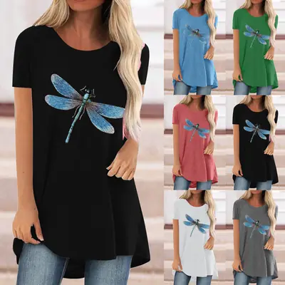 Women Blue Dragonfly Print Plus Size T-Shirt