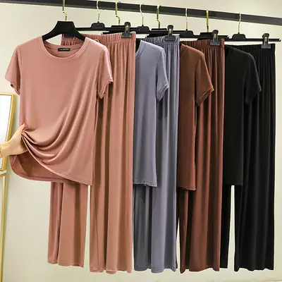 Modal T-shirt & Pants Set Pink Plus Size Summer Wear