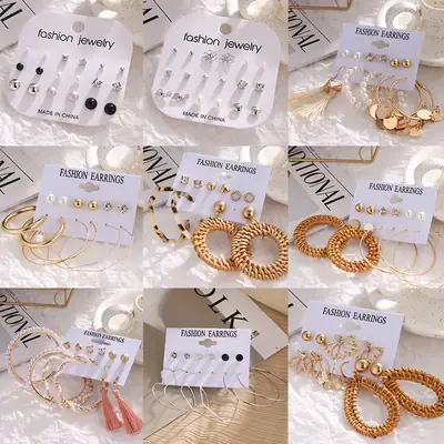 Pearl Tassel Earrings Set Gold Plated 6 Pcs