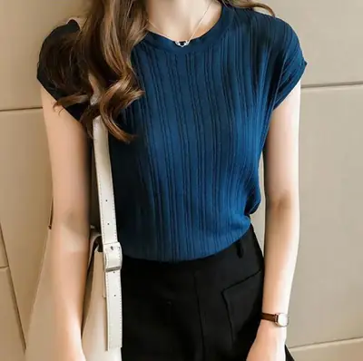 2023 Women's Loose Ribbed Blouse with Ice Silk Knit Short Sleeve