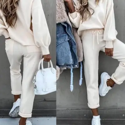 Women Grey Sweatpants Set Fall Winter Casual Two-Piece