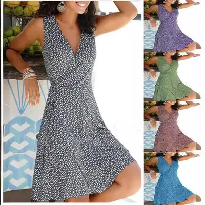 Women's Purple Floral V-Neck Belt Dress 2024