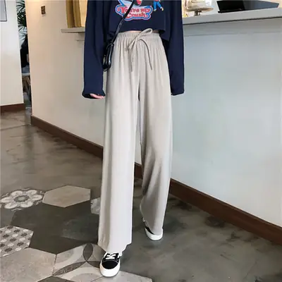 Wide Leg Drawstring Pants Black Loose Slimming