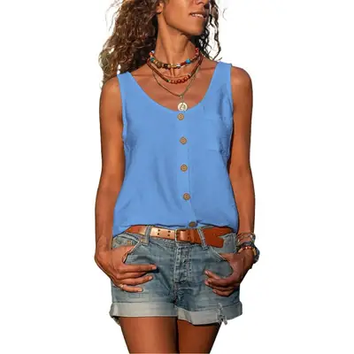 Women V-neck Button Vest Shirt Sleeveless Pocket Summer Wear