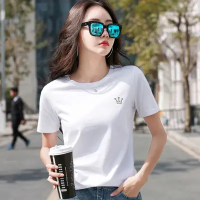 Women's Pink Crown Embroidered T-Shirt Short Sleeve Summer
