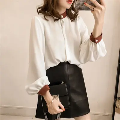 Korean Style Fat Girl Shirt Blue Collar Long Sleeve