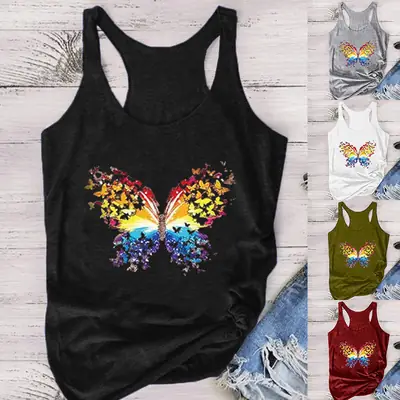 Blue Butterfly Printed Sleeveless T-Shirt for Women