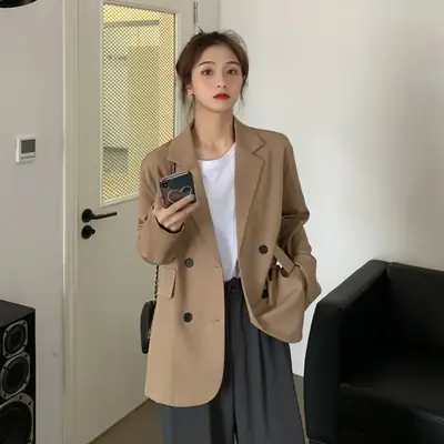 Women's Khaki Draped Loose Suit Jacket Mid-Length