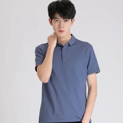 Men Silk-Screened Polo Shirt Blue Short Sleeve