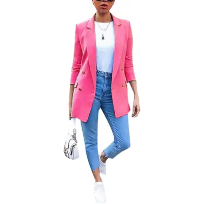 Women Pink Lapel Cardigan Mid-Length Suit Jacket Set