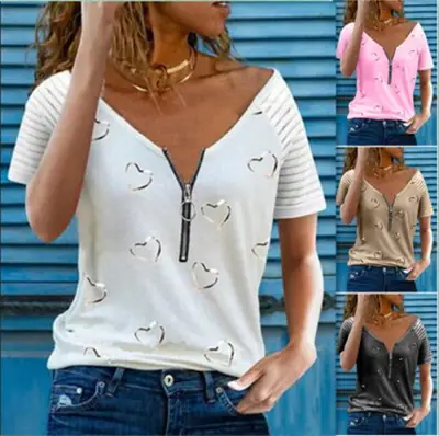 Women's Black Printed V-Neck Zipper T-Shirt Casual Loose Short Sleeve