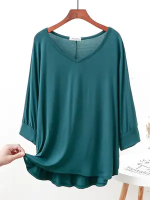 Women V-Neck Loose T-Shirt Brown Plus Size