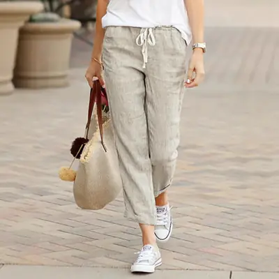 Green Drawstring Elastic Waist Cotton Linen Pants