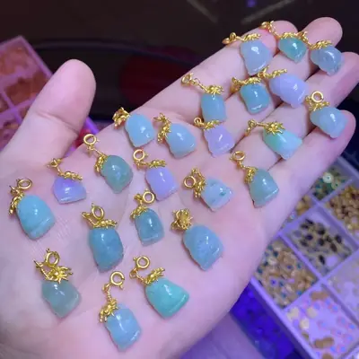 Burmese Jade Bell Bracelets Blue Gold Set