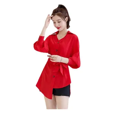 Red Chiffon Belted Shirt for Women 2024 Spring